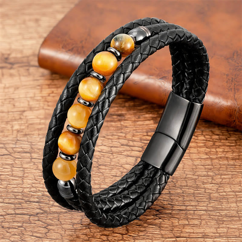Tiger Eye Lava Rock Hematite Black Onyx Bead Positive Leather Bracelet