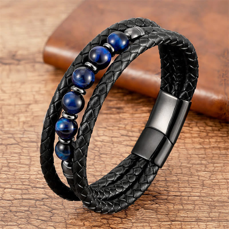 Tiger Eye Lava Rock Hematite Black Onyx Bead Positive Leather Bracelet