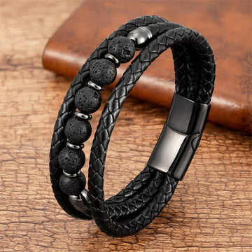 Tiger Eye Lava Rock Hematite Black Onyx Bead Positive Leather Bracelet