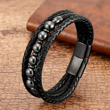 Tiger Eye Lava Rock Hematite Black Onyx Bead Positive Leather Bracelet