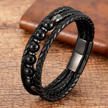 Tiger Eye Lava Rock Hematite Black Onyx Bead Positive Leather Bracelet