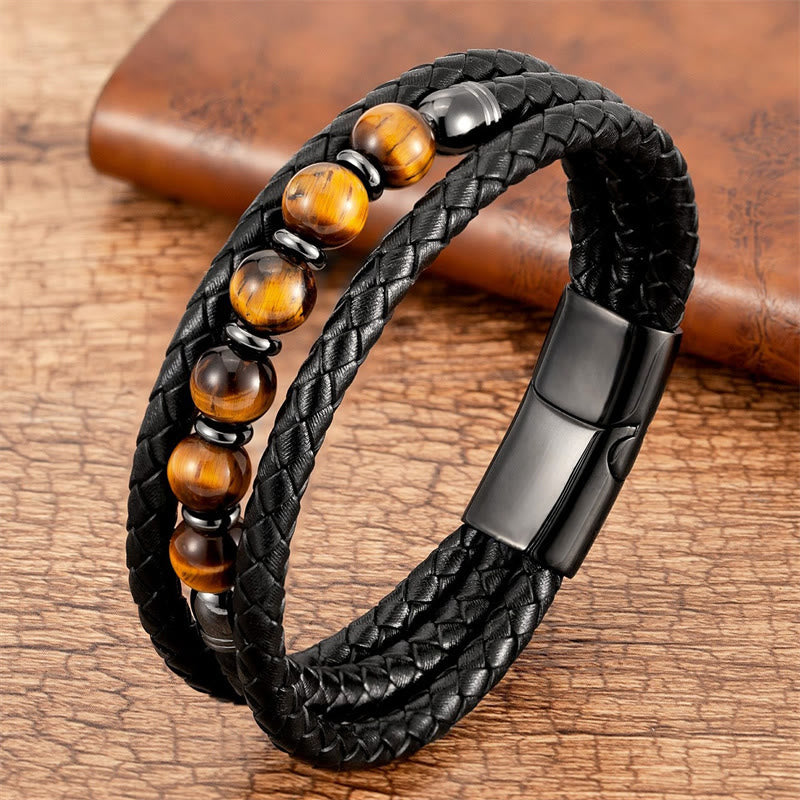 Tiger Eye Lava Rock Hematite Black Onyx Bead Positive Leather Bracelet