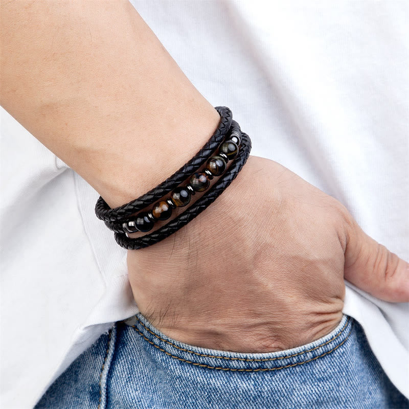 Tiger Eye Lava Rock Hematite Black Onyx Bead Positive Leather Bracelet