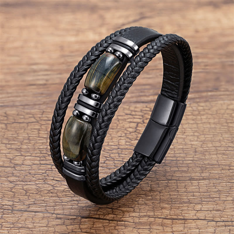 Tiger Eye Stone Courage Willpower Multi-layer Leather Bracelet