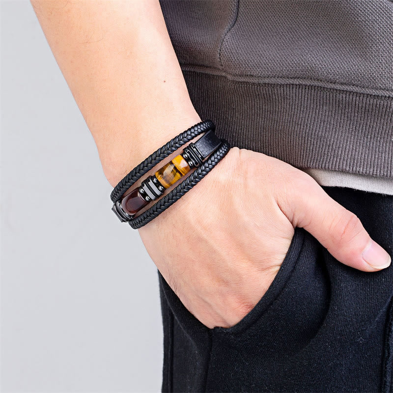 Tiger Eye Stone Courage Willpower Multi-layer Leather Bracelet