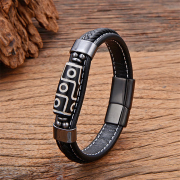 Tibetan Nine-Eye Dzi Bead Agate Adjustable Leather Buckle Bracelet
