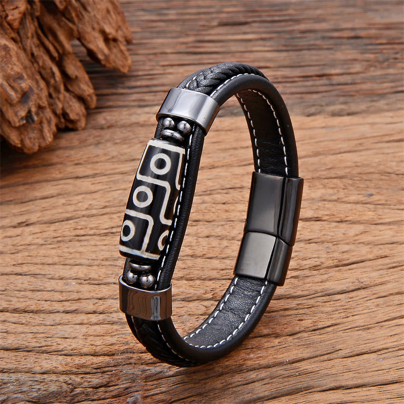 Tibetan Nine-Eye Dzi Bead Agate Adjustable Leather Buckle Bracelet