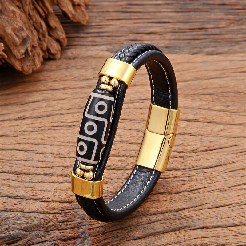 Tibetan Nine-Eye Dzi Bead Agate Adjustable Leather Buckle Bracelet