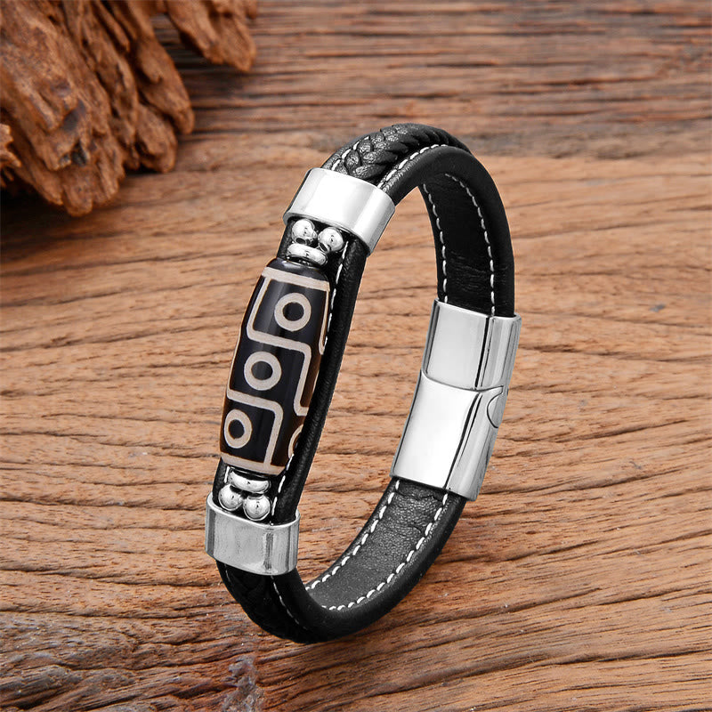 Tibetan Nine-Eye Dzi Bead Agate Adjustable Leather Buckle Bracelet
