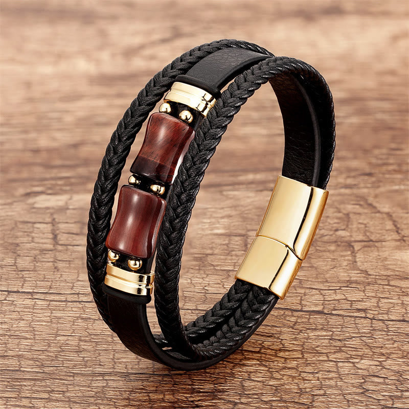 Tiger Eye Bamboo Stone Integrity Courage Multi-layer Leather Bracelet