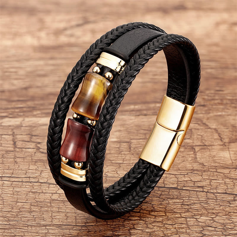 Tiger Eye Bamboo Stone Integrity Courage Multi-layer Leather Bracelet