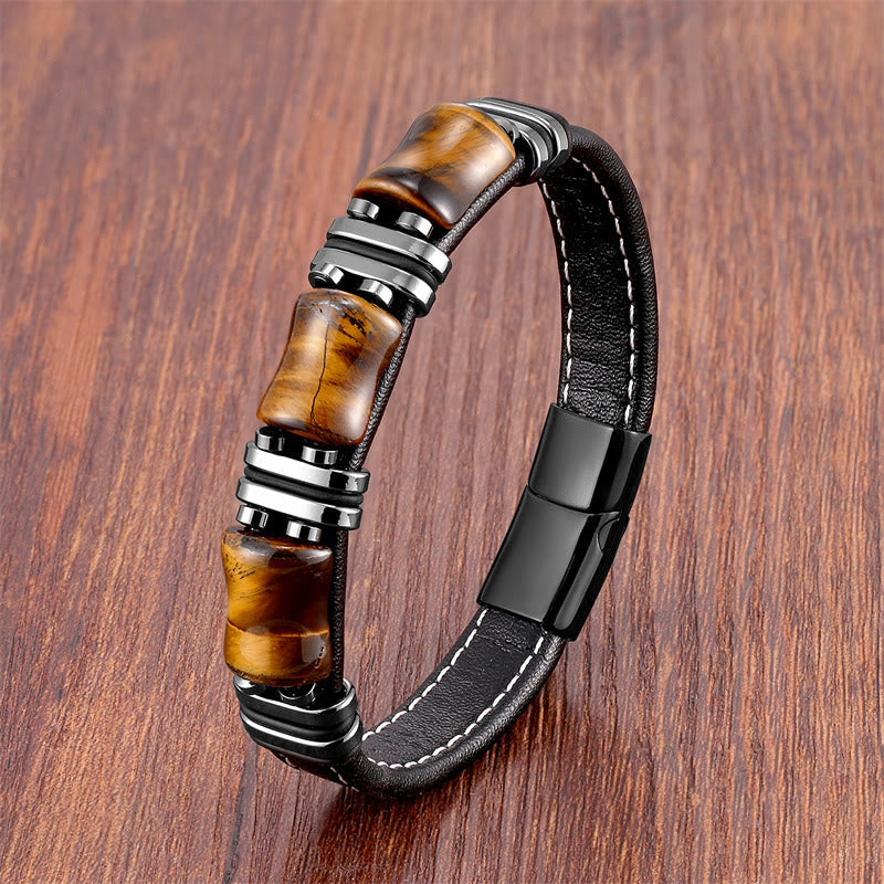 Tiger Eye Three Bamboo Stone Protection Power Leather Bracelet