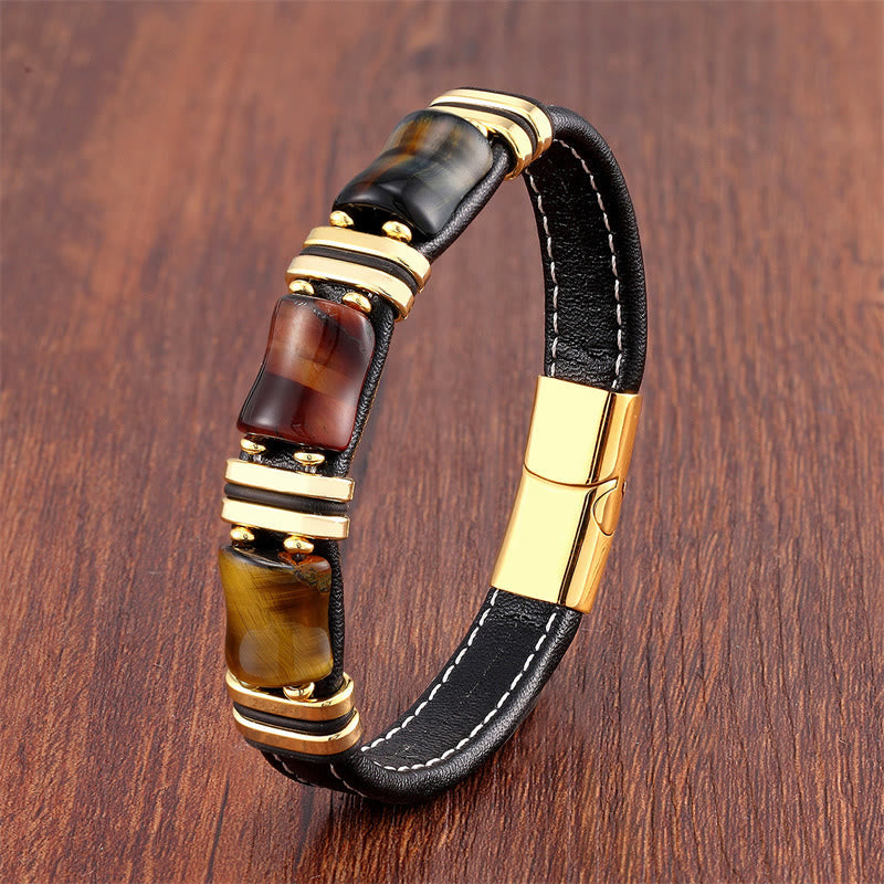 Tiger Eye Three Bamboo Stone Protection Power Leather Bracelet