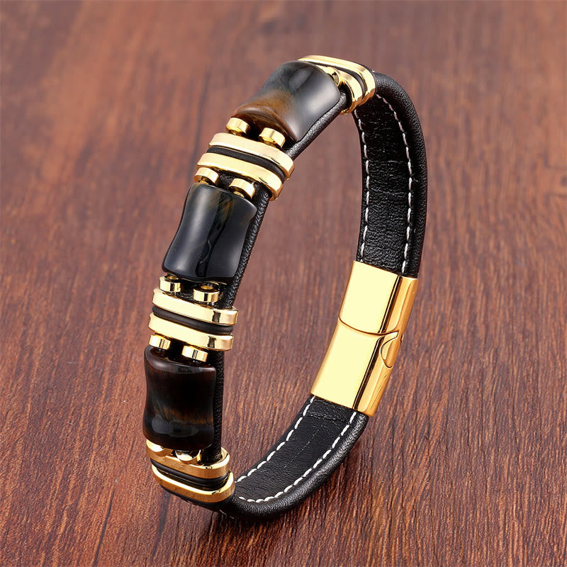 Tiger Eye Three Bamboo Stone Protection Power Leather Bracelet