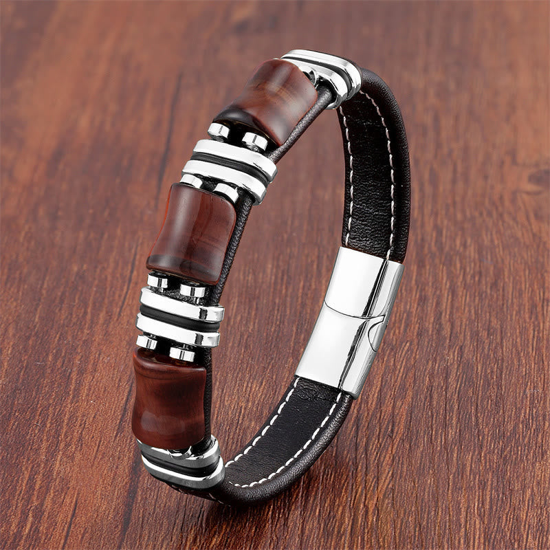 Tiger Eye Three Bamboo Stone Protection Power Leather Bracelet