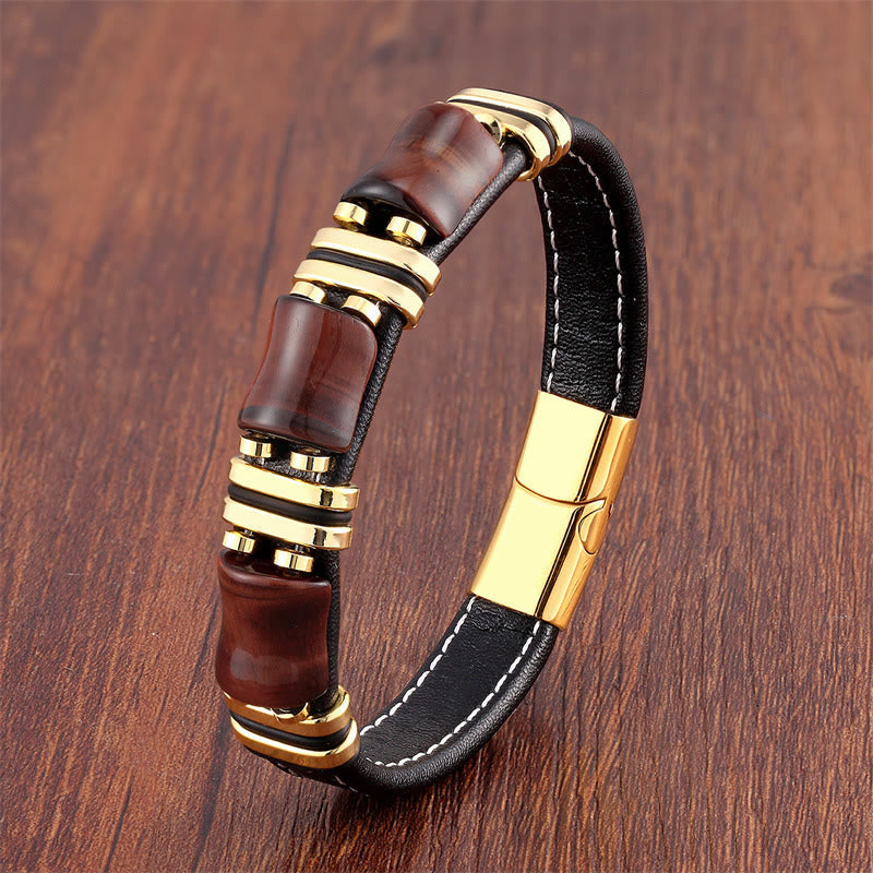 Tiger Eye Three Bamboo Stone Protection Power Leather Bracelet