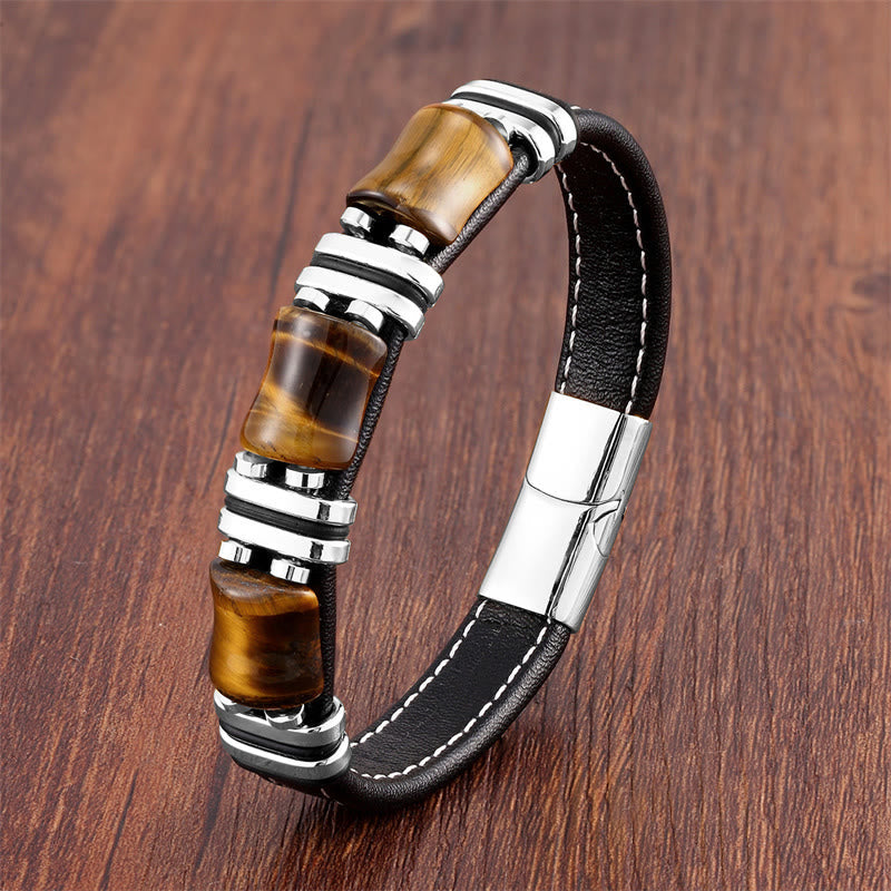 Tiger Eye Three Bamboo Stone Protection Power Leather Bracelet