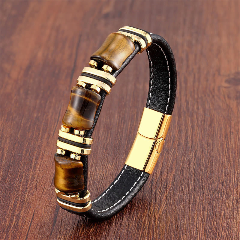 Tiger Eye Three Bamboo Stone Protection Power Leather Bracelet
