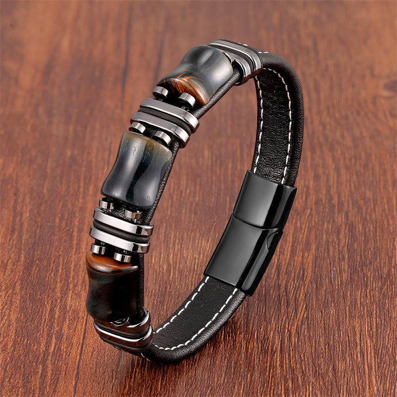 Tiger Eye Three Bamboo Stone Protection Power Leather Bracelet
