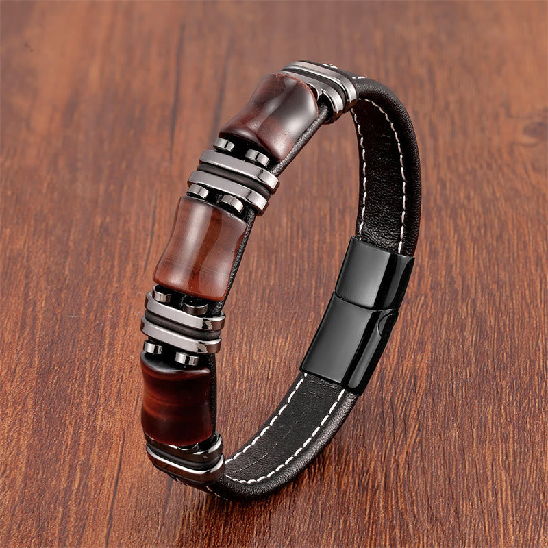 Tiger Eye Three Bamboo Stone Protection Power Leather Bracelet