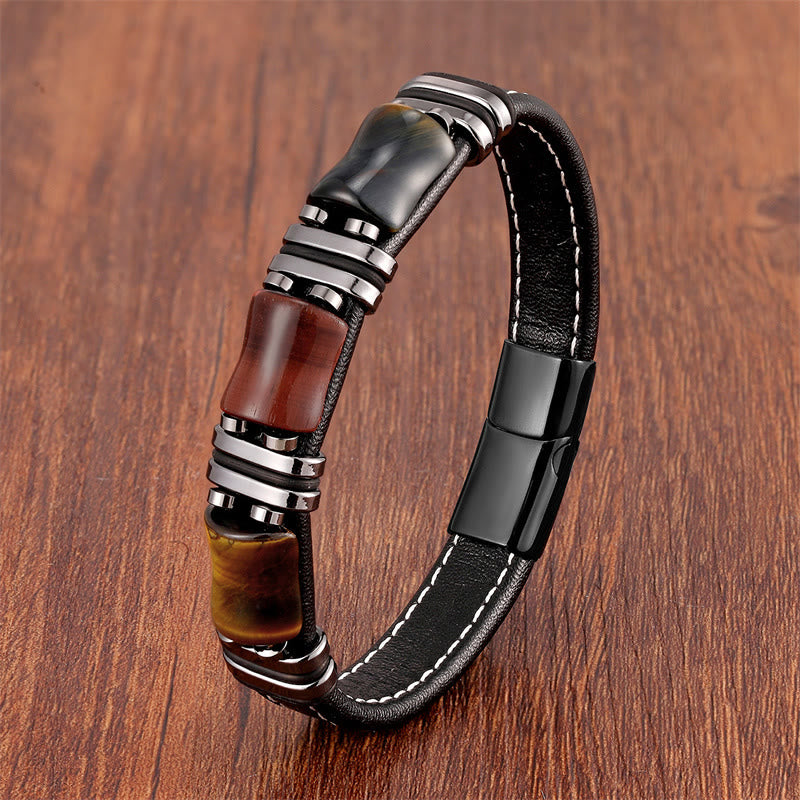 Tiger Eye Three Bamboo Stone Protection Power Leather Bracelet