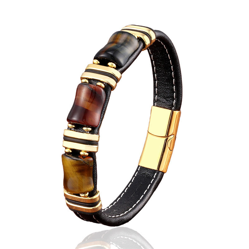 Tiger Eye Three Bamboo Stone Protection Power Leather Bracelet