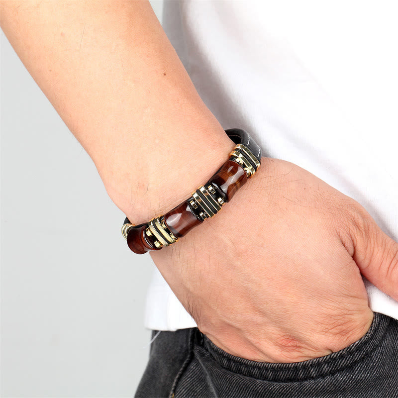Tiger Eye Three Bamboo Stone Protection Power Leather Bracelet