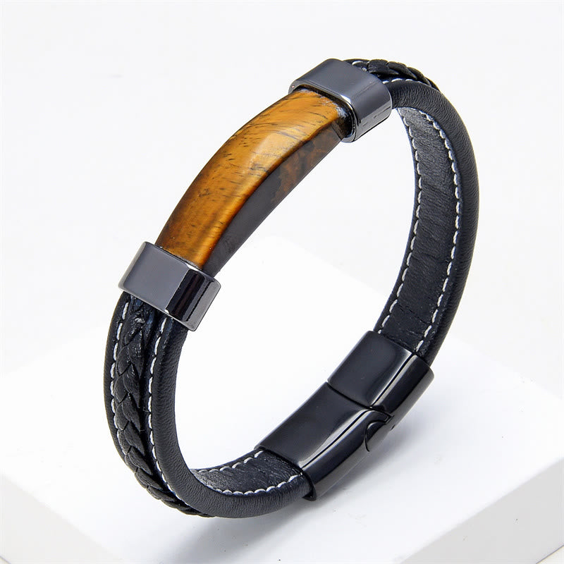 Lazurite Tiger Eye Rhodonite Hematite Black Onyx Stone Balance Leather Bracelet