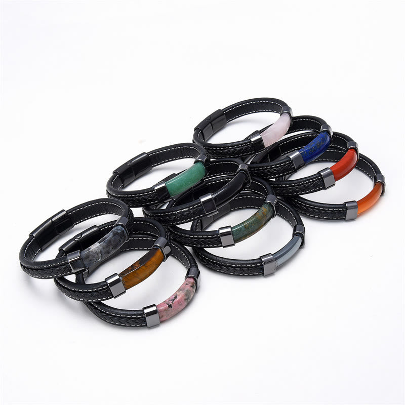 Lazurite Tiger Eye Rhodonite Hematite Black Onyx Stone Balance Leather Bracelet