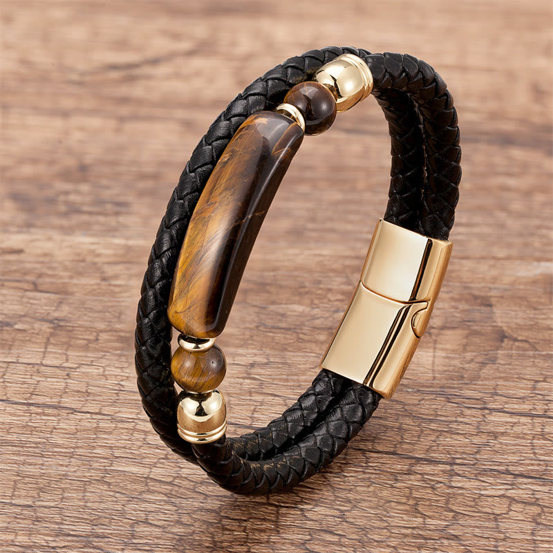 Green Aventurine Tiger Eye Green Agate Black Onyx Hematite Stone Luck Leather Magnetic Buckle Bracelet