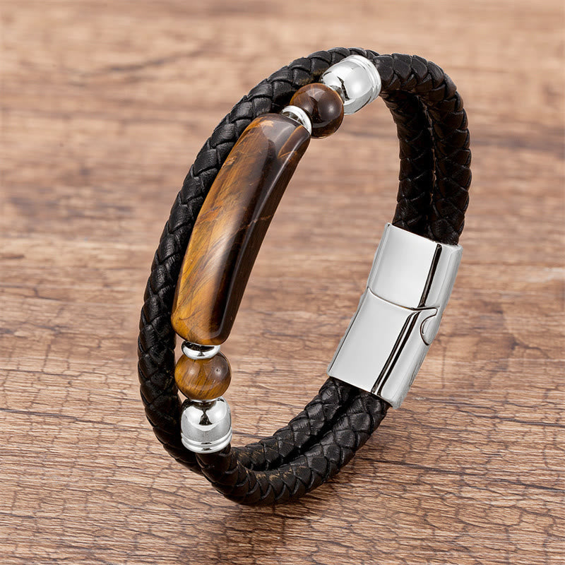 Green Aventurine Tiger Eye Green Agate Black Onyx Hematite Stone Luck Leather Magnetic Buckle Bracelet