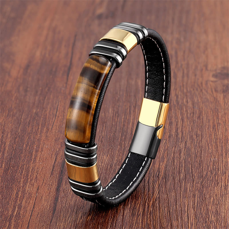 "Wishing You Courage and Focus" Tiger Eye Leather Bracelet Includes Gift Message Card