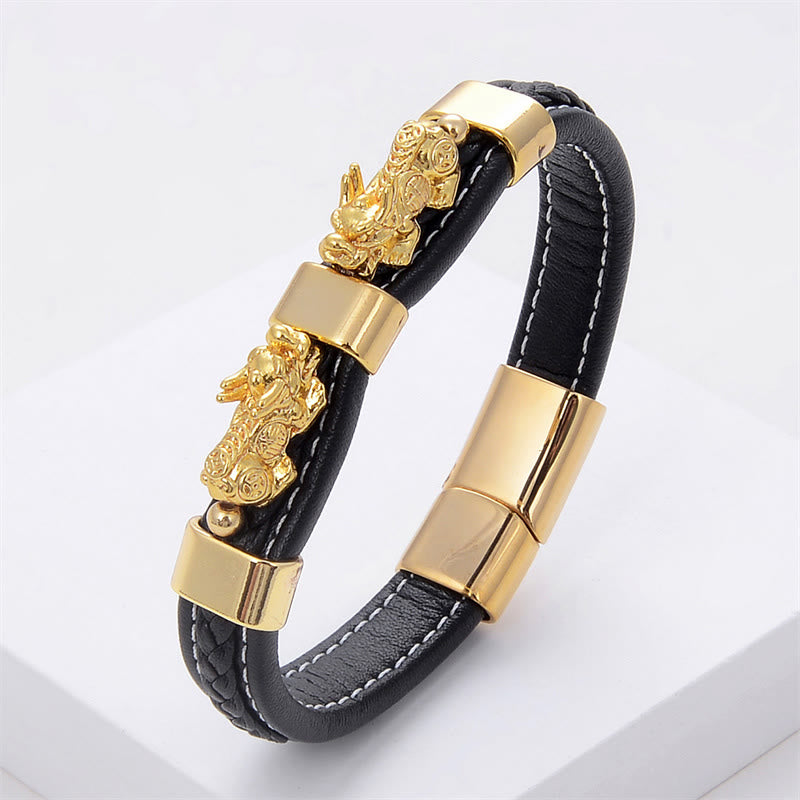 Double Pixiu Leather Bracelet with Magnetic Buckle