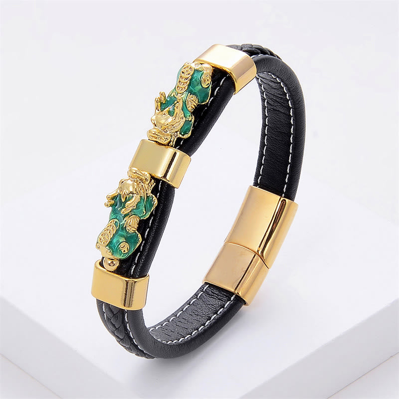 Double Pixiu Leather Bracelet with Magnetic Buckle