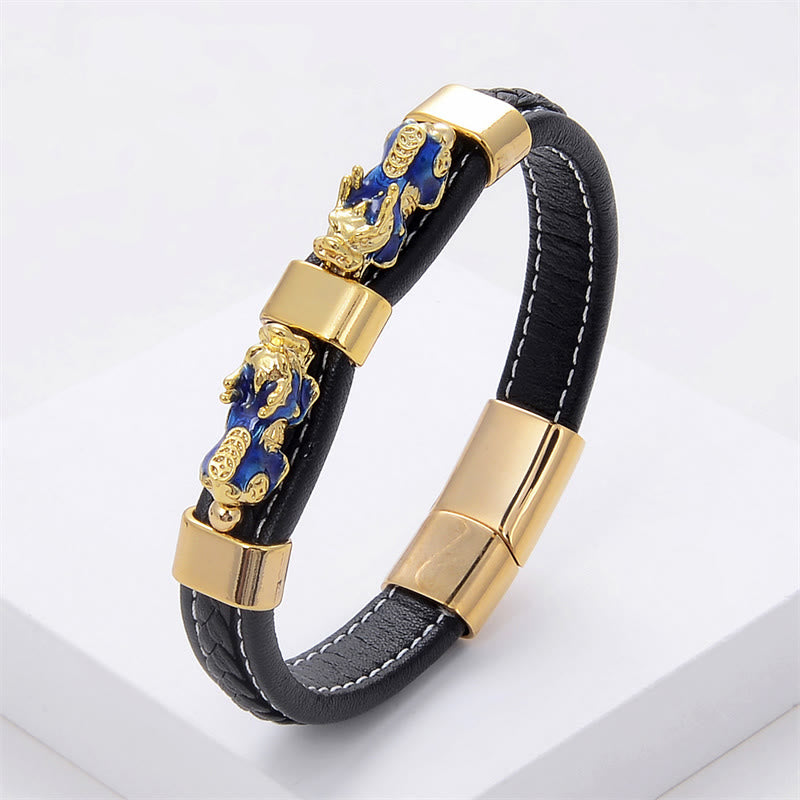 Double Pixiu Leather Bracelet with Magnetic Buckle