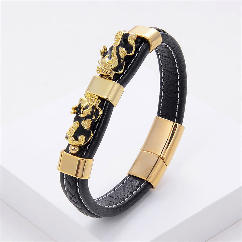 Double Pixiu Leather Bracelet with Magnetic Buckle