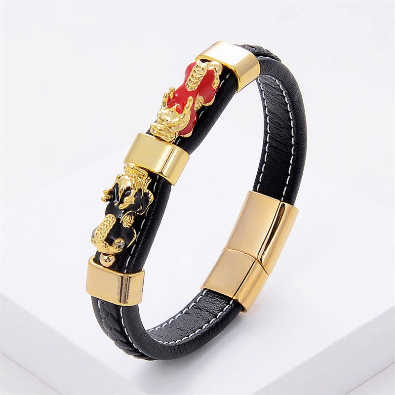 Double Pixiu Leather Bracelet with Magnetic Buckle