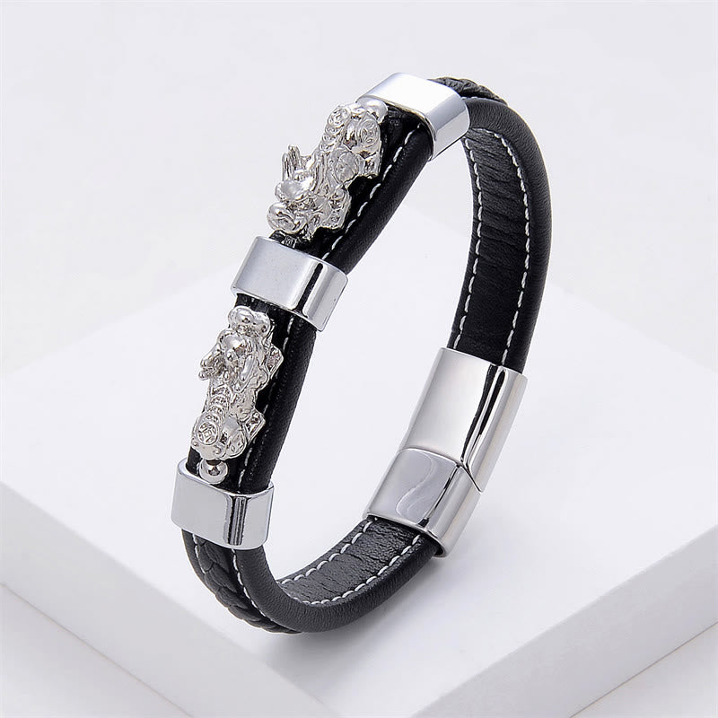 Double Pixiu Leather Bracelet with Magnetic Buckle