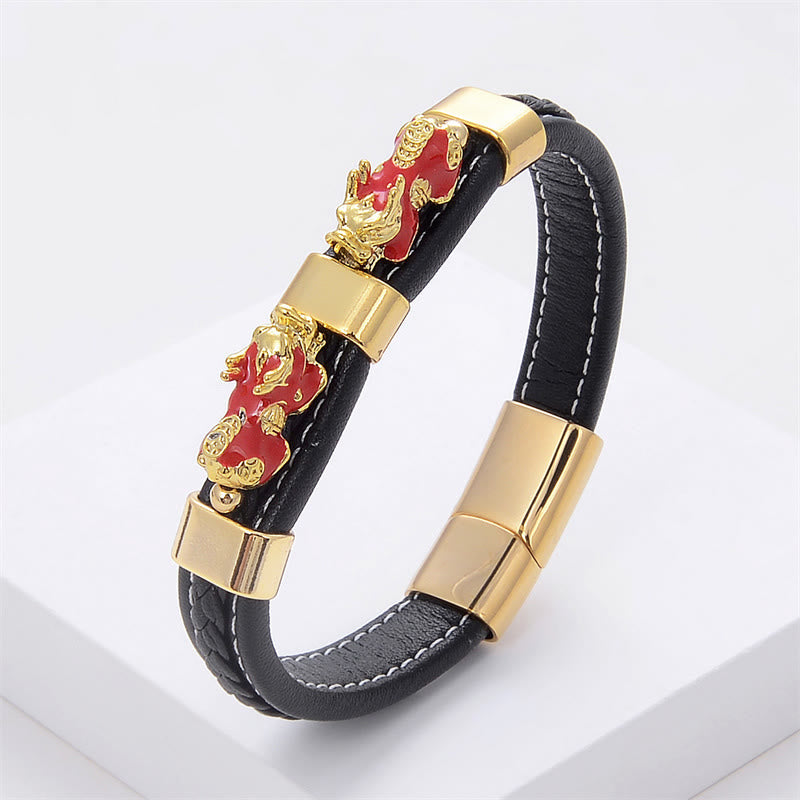 Double Pixiu Leather Bracelet with Magnetic Buckle