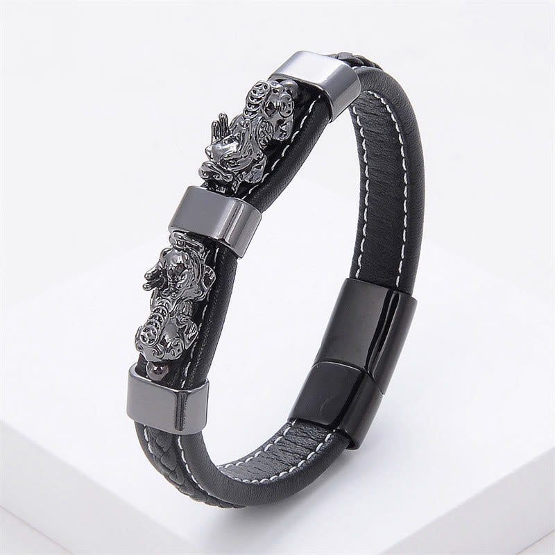 Double Pixiu Leather Bracelet with Magnetic Buckle