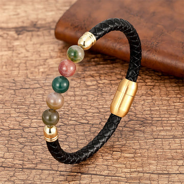 Blue Agate Tiger Eye Lava Rock Black Onyx Lazurite Bead Protection Leather Bracelet