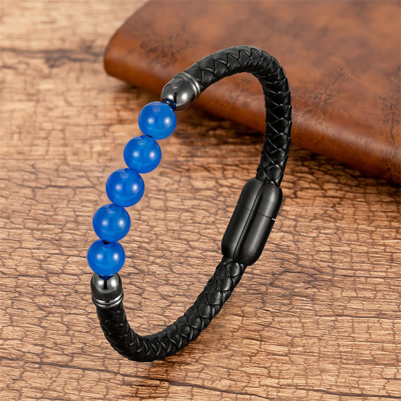 Blue Agate Tiger Eye Lava Rock Black Onyx Lazurite Bead Protection Leather Bracelet