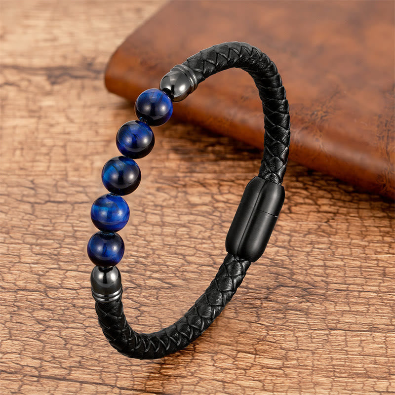 Blue Agate Tiger Eye Lava Rock Black Onyx Lazurite Bead Protection Leather Bracelet