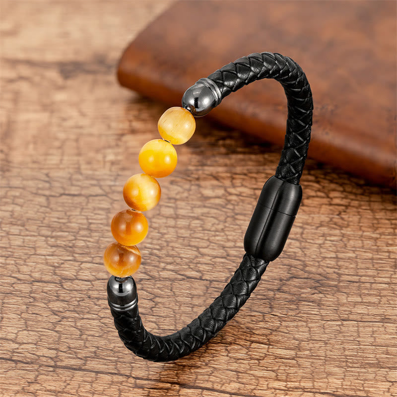 Blue Agate Tiger Eye Lava Rock Black Onyx Lazurite Bead Protection Leather Bracelet