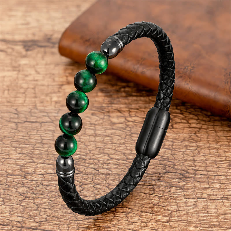 Blue Agate Tiger Eye Lava Rock Black Onyx Lazurite Bead Protection Leather Bracelet