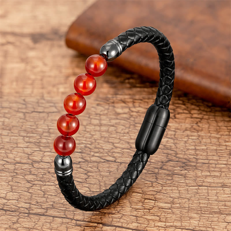 Blue Agate Tiger Eye Lava Rock Black Onyx Lazurite Bead Protection Leather Bracelet