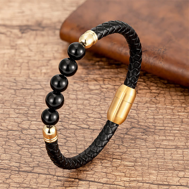 Blue Agate Tiger Eye Lava Rock Black Onyx Lazurite Bead Protection Leather Bracelet