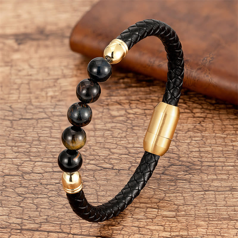 Blue Agate Tiger Eye Lava Rock Black Onyx Lazurite Bead Protection Leather Bracelet