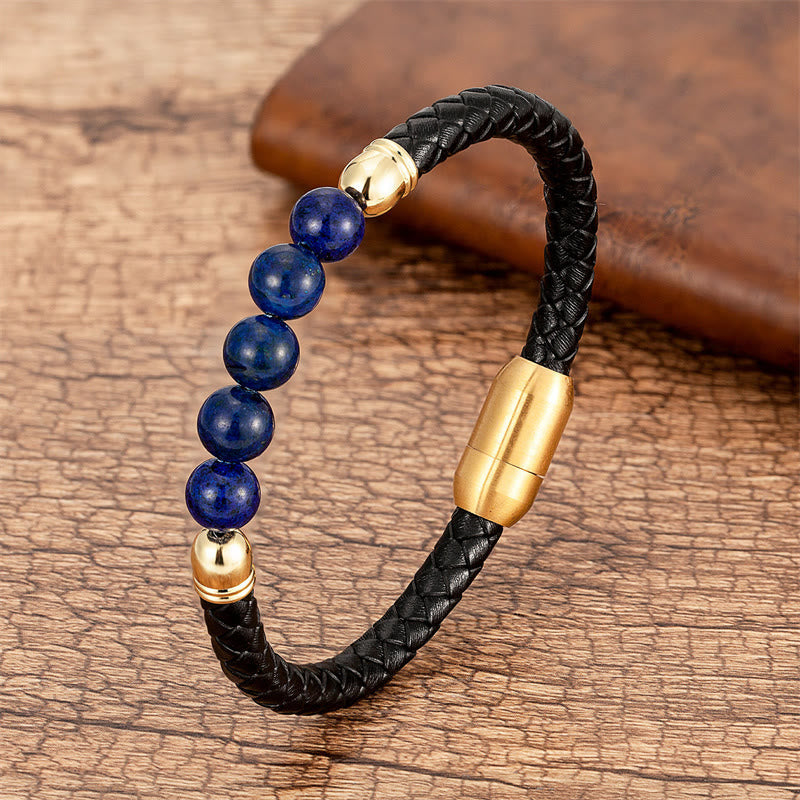 Blue Agate Tiger Eye Lava Rock Black Onyx Lazurite Bead Protection Leather Bracelet