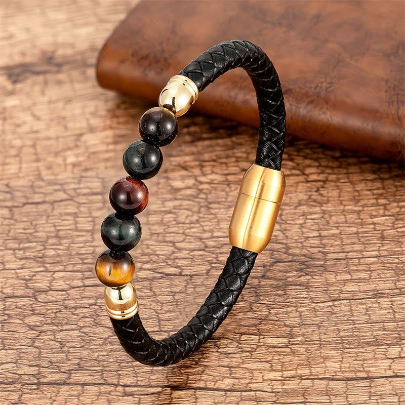 Blue Agate Tiger Eye Lava Rock Black Onyx Lazurite Bead Protection Leather Bracelet
